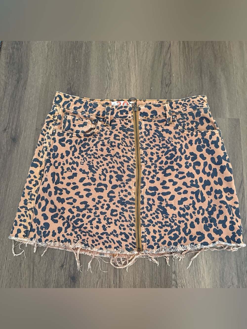 We the FreeLeopard Print Zip-Front Denim Mini Skirt - size 30